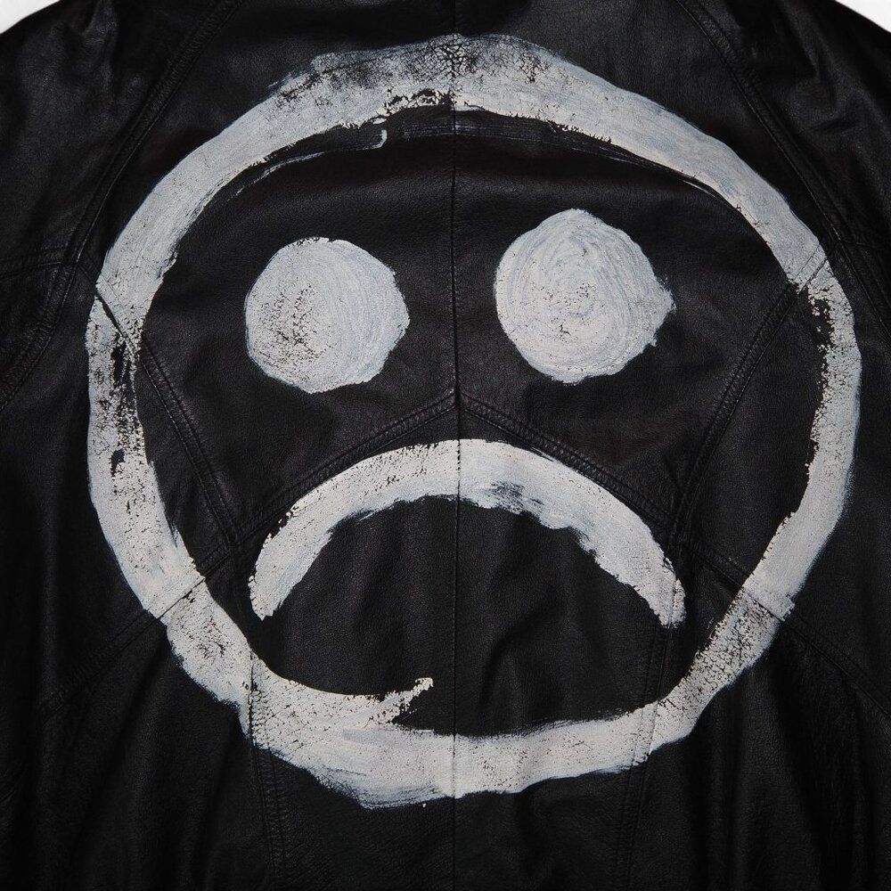 Rentini VTG Leather Grunge Punk Bomber Jacket "Sad Face" Men's L Black / White - Picture 6 of 10